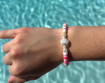 Hot Pink Seashell Clay Bead Bracelet