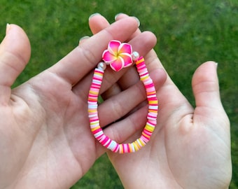 Pink Hibiscus Hawaiian Clay Bead Bracelet