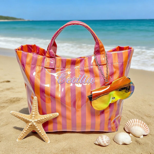 Bestickte wasserdichte Strandtasche, Anfangs-PVC-Einkaufstasche, personalisierte Strandtasche, Junggesellinnenabschiedbevorzugung, gestreifte Strandtasche