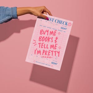 Pink Guest Check Art Print: &quot;Buy Me Books&quot; Retro Wall Decor (Digital Download)