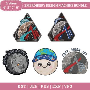 May include: Embroidery design machine bundle featuring space-themed patches. Designs include a moon with a rocket, a smiling moon wearing a cap with a world map, and patches with the text "COPY MOON JOY" and "ARTEMIS II". Available in 4 sizes: 4", 5", 7", and 9".