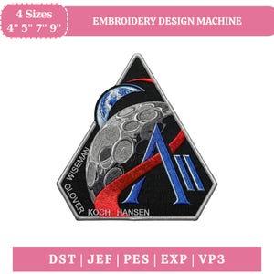 May include: Embroidered patch with a triangular design featuring a moon, Earth, and the letter "A". The patch includes the names "Wiseman", "Glover", "Koch Hansen". Available in 4 sizes: 4", 5", 7", and 9".