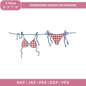 Könnte beinhalten: Ein rot-weiß karierter Bikini mit blauen Bindebändern hängt an einer Wäscheleine. Das Bild enthält den Text "EMBROIDERY DESIGN FOR MACHINE" und Größenoptionen: 10cm, 13cm, 18cm, und 23cm. Das Design ist für Maschinenstickerei.