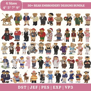 Puede incluir: Un conjunto de más de 50 diseños de bordado de osos. Los osos se muestran con varios atuendos y poses, como un bombero, un marinero y un futbolista. Los diseños están disponibles en 4 tamaños: 10 cm, 13 cm, 18 cm y 23 cm.