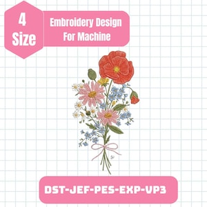 May include: An embroidery design for a machine features a bouquet of flowers in shades of red, pink, yellow, and blue. The design includes text that reads "Embroidery Design For Machine" and "DST-JEF-PES-EXP-VP3". A pink hexagon shape with the number "4" and the word "Size" is also present.