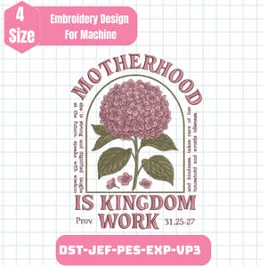 Puede incluir: Un diseño de bordado con una ilustración de hortensia rosa y el texto "MOTHERHOOD IS KINGDOM WORK". El diseño incluye la referencia "Prov. 31.25-27" y las palabras "Embroidery Design For Machine".