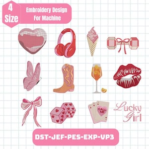 Könnte beinhalten: Eine Sammlung von Maschinenstickmustern in Rosa und Rot, darunter ein Herz, Kopfhörer, eine Eistüte, eine Sonnenbrille, ein Schmetterling, ein Cowboy-Stiefel, ein Cocktail, Lippen, eine Schleife, Würfel, Spielkarten und der Text "Lucky Girl". Der Text "Embroidery Design For Machine" ist ebenfalls vorhanden.