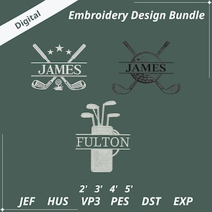 Könnte beinhalten: Digitales Stickdesign-Bundle mit drei Golf-Motiven. Die Designs umfassen gekreuzte Golfschläger mit dem Namen "JAMES", einen Golfball mit dem Namen "JAMES" und eine Golftasche mit dem Namen "FULTON".