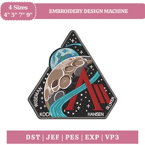 Diseño de bordado Artemis II Regreso a la Luna 2026, archivo de bordado Órbita de cohete, patrón de bordado Tierra Luna Espacio, bordado de viaje espacial