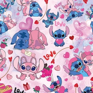 Tessuto Stitch and Angel Tessuto Koala blu Tessuto Stitch San Valentino Tessuto Anime dei cartoni animati Tessuto 100% cotone al mezzo metro