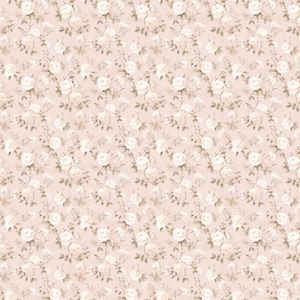 Puede incluir: Un patrón sin costuras que presenta delicadas rosas blancas con tallos y hojas marrones sobre un fondo rosa claro.