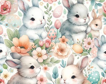 Bunny Floral Easter Fabric for Quilting, Baby Rabbits Flowers Fabric, 100% Cotton Fabric By the Half Yard, for Crafts Sewing Pillows & Decor