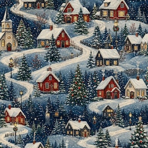 Peut inclure: Un motif de tissu représentant un paysage hivernal avec plusieurs maisons rouges et blanches aux toits enneigés, des sapins et des chemins sinueux. La scène comprend des lampadaires allumés, des arbres de Noël décorés et une église sur un fond bleu foncé avec de la neige.