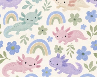 Axolotl Rainbow Fabric, Whimsical Cotton Fabric, for Dresses, Crafts Sewing & Quiling Decor By the Half Yard