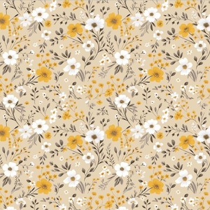 Pode incluir: Um padrão sem costura com um design repetitivo de flores brancas e amarelas sobre um fundo bege. As flores são dispostas em um padrão aleatório e são cercadas por pequenas folhas verdes.
