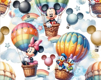 Tela de Mickey con globos, tela del Reino Mágico, tela de Mickey y Minnie Mouse, tela de dibujos animados de Disney, tela de algodón estilo anime por medio metro.