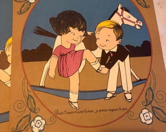 Adorable French scene from 1920 calendar or wall pockets