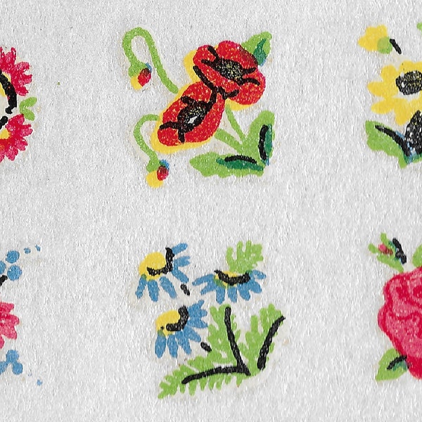 6 ensembles de 6 fleurs minuscules (camélia, marguerites jaunes, bleues et roses, coquelicots, forgetmenots) Transferts de décalcomanies VINTAGE Designs uniques dessinés à la main