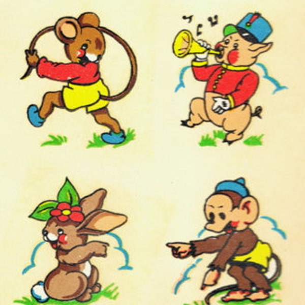 1 Set of 4 Retro Nursery Vintage Decals Transfers - Pig, Rabbit, Mouse, Monkey, 1940s Antique Restoration Furniture Upcycle