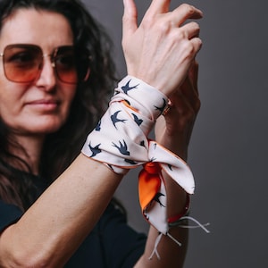 Orange & Beige Swallow Print Skinny Scarf