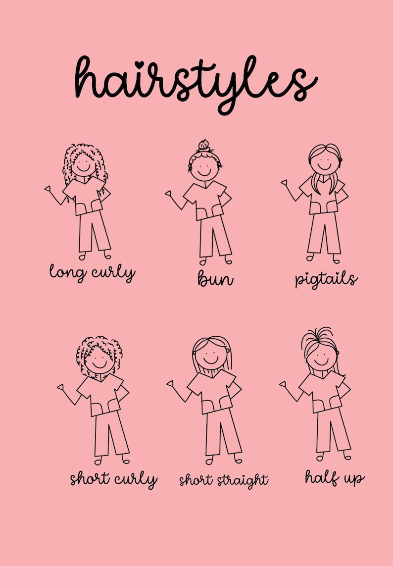 Op de afbeelding: Een roze poster met het woord "hairstyles" in zwart script. Zes stokfiguren met verschillende kapsels worden getoond: lange krullen, knot, staartjes, korte krullen, kort steil en half opgestoken. Elke figuur is gelabeld.