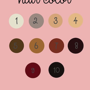 Op de afbeelding: Een roze achtergrond met de woorden "hair color" in zwart script. Tien genummerde cirkels tonen verschillende haarkleuren, vari&euml;rend van lichtblond tot zwart, ter referentie.