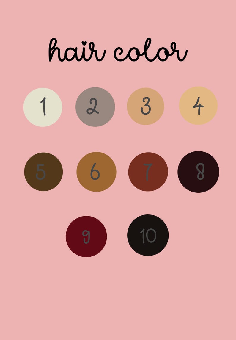 Op de afbeelding: Een roze achtergrond met de woorden "hair color" in zwart script. Tien genummerde cirkels tonen verschillende haarkleuren, vari&euml;rend van lichtblond tot zwart, ter referentie.