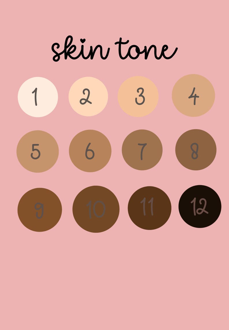 Op de afbeelding: Een roze achtergrond met de woorden "skin tone" in zwart script. Twaalf genummerde cirkels tonen verschillende huidtinten, vari&euml;rend van licht tot donker. De cirkels zijn gerangschikt in drie rijen van vier.