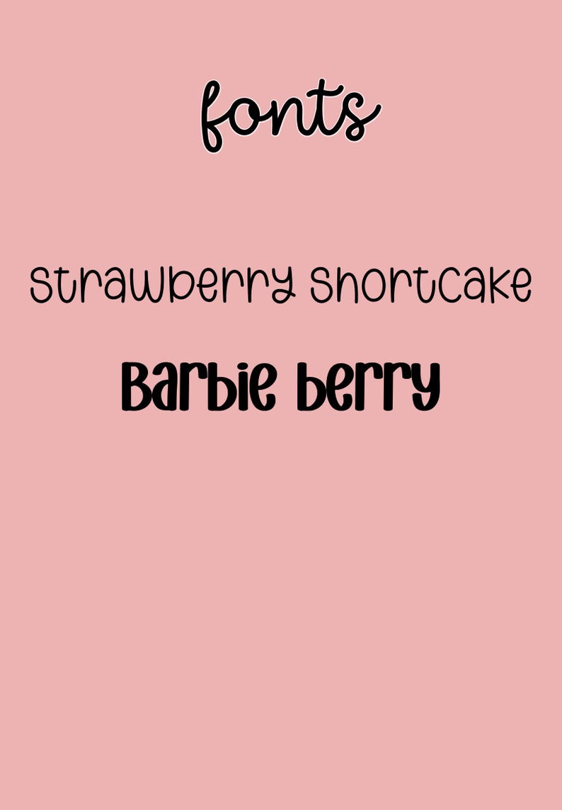 Op de afbeelding: Een roze achtergrond met het woord "fonts" in handschriftstijl bovenaan. Daaronder staan de woorden "strawberry shortcake" en "Barbie berry" in verschillende lettertypen.
