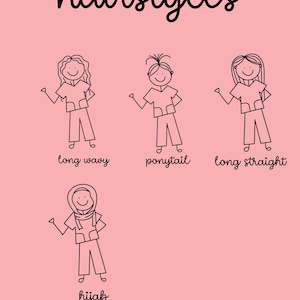 Op de afbeelding: Roze achtergrond met het woord "hairstyles" in zwart schrift. Vier stokfiguren met verschillende kapsels: lang golvend, paardenstaart, lang steil en hijab. Elke figuur draagt een bijpassende outfit.
