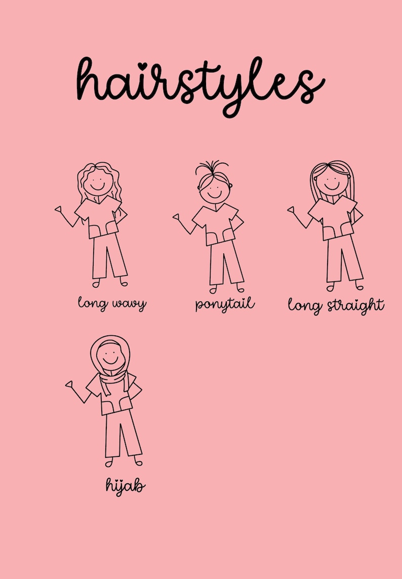 Op de afbeelding: Roze achtergrond met het woord "hairstyles" in zwart schrift. Vier stokfiguren met verschillende kapsels: lang golvend, paardenstaart, lang steil en hijab. Elke figuur draagt een bijpassende outfit.