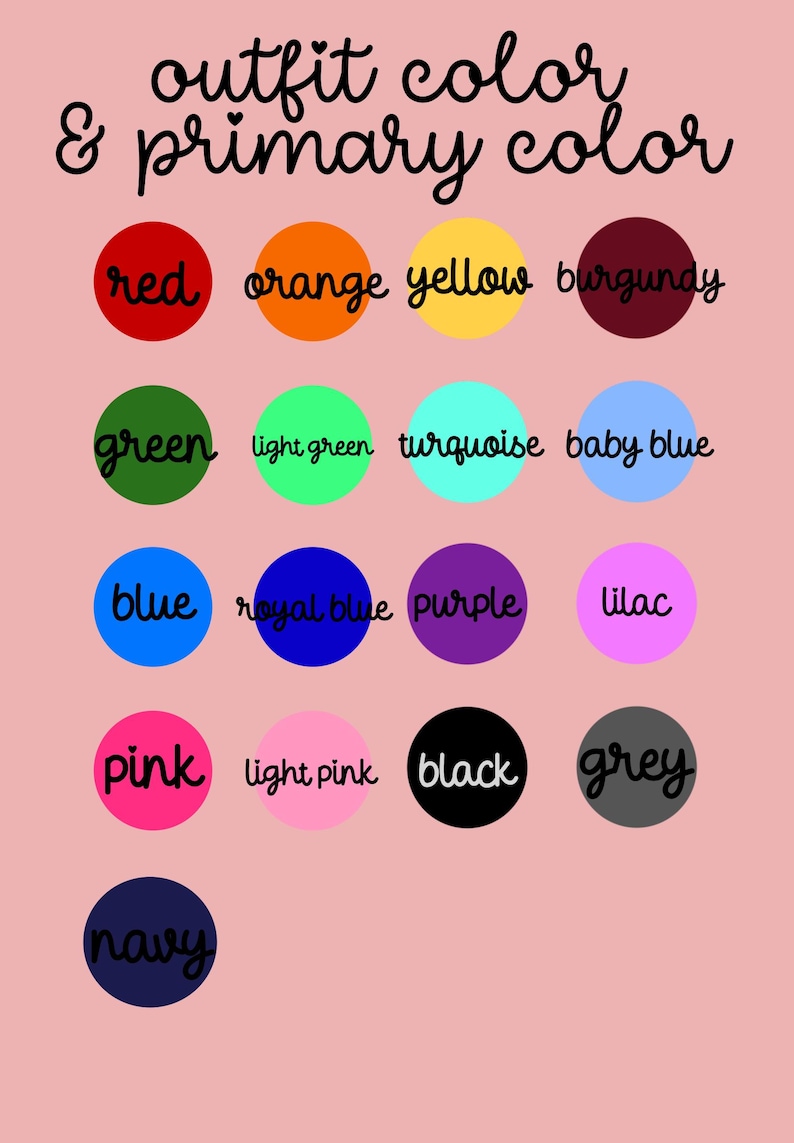 Op de afbeelding: Een roze achtergrond met de tekst "outfit color & primary color" in zwart script. Daaronder kleurstalen in rood, oranje, geel, bordeaux, groen, lichtgroen, turquoise, babyblauw, blauw, koningsblauw, paars, lila, roze, lichtroze, zwart, grijs en marine.