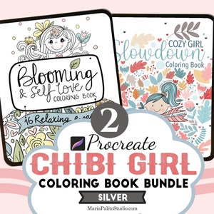 Op de afbeelding: Een digitale illustratibundel met twee kleurboeken voor Procreate met schattige chibi-meisjes. Het eerste boek heet "Blooming & Self Love Coloring Book" en het tweede "Cozy Girl Slowdown Coloring Book".