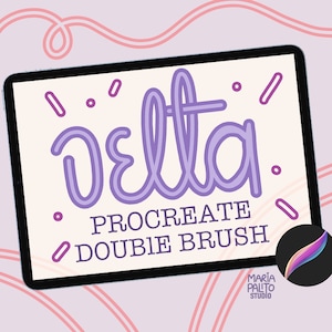 May include: A digital illustration of the word "delta" in purple with a double outline on a white background. The text "Procreate Double Brush" is below the word "delta".