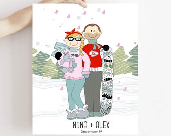 Family Portrait Custom illustration Cute Family Portrait Cartoon Drawing Personalized Gift Couple M039