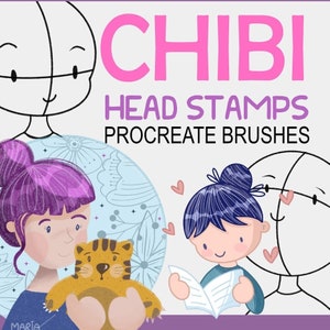 14 sellos de cabeza CHIBI para Procreate, pinceles de dibujo, plantillas de dibujos animados para niños, poses de retrato de referencia M017