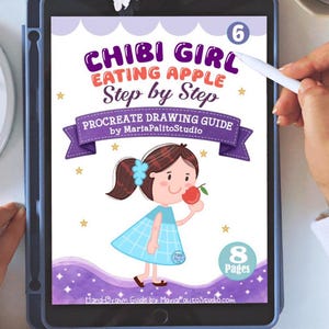 Puede incluir: Una tableta digital que muestra una guía de dibujo Procreate titulada Chibi Girl Eating Apple Step by Step de MariaPalitoStudio. La portada presenta a una niña de dibujos con cabello castaño y vestido azul sosteniendo una manzana roja.