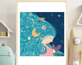 Whimsical Wall Art for Bedroom or Nursery , Universe Girl Printable Chibi Girl Poster , 8x8 Digital Download Illustration , M007