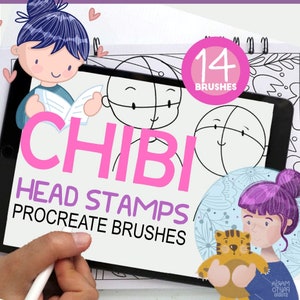 May include: A digital tablet displaying a set of 14 Procreate brushes for drawing chibi heads. The text "CHIBI HEAD STAMPS PROCREATE BRUSHES" is displayed on the screen. The image also shows a cartoon character with a cat.