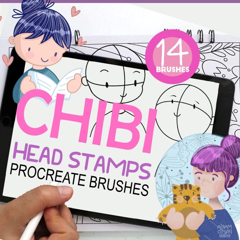 May include: A digital tablet displaying a set of 14 Procreate brushes for drawing chibi heads. The text "CHIBI HEAD STAMPS PROCREATE BRUSHES" is displayed on the screen. The image also shows a cartoon character with a cat.