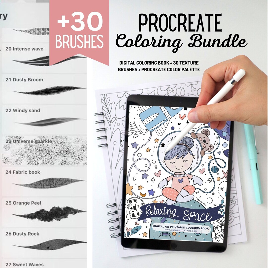 SPACE Procreate BUNDLE 1 Coloring Book 30 Procreate Brushes Drawing Set ADHD Cute Coloring Pages