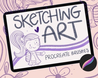 May include: A digital illustration of a tablet screen with the text "Sketching Art Procreate Brushes" on a pink background. The illustration features a cartoon girl with a ponytail and a flower in her hair. The girl is pointing to the text on the tablet screen.
