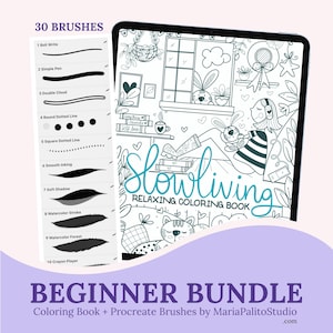 Hand-Drawn Procreate Coloring Book Beginner Bundle fof Her Coloring Book + 30 Procreate Brushes Gift Learning Procreate M015-1
