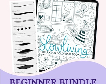 Hand-Drawn Procreate Coloring Book Beginner Bundle fof Her Coloring Book + 30 Procreate Brushes Gift Learning Procreate M015-1