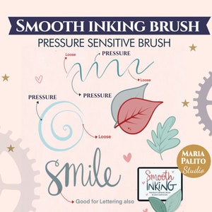 May include: An illustration promoting a smooth inking brush, featuring the text "Smooth Inking Brush" and "Pressure Sensitive Brush." The image includes examples of brush strokes, leaf illustrations, and the word "smile" in cursive. A small logo is also present.