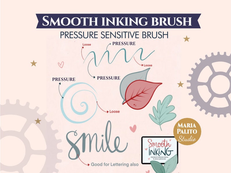 May include: An illustration promoting a smooth inking brush, featuring the text "Smooth Inking Brush" and "Pressure Sensitive Brush." The image includes examples of brush strokes, leaf illustrations, and the word "smile" in cursive. A small logo is also present.
