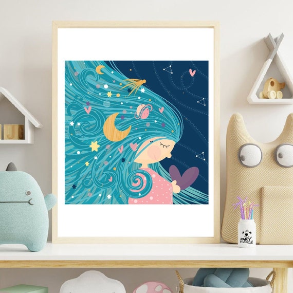 Whimsical Wall Art for Bedroom or Nursery , Universe Girl Printable