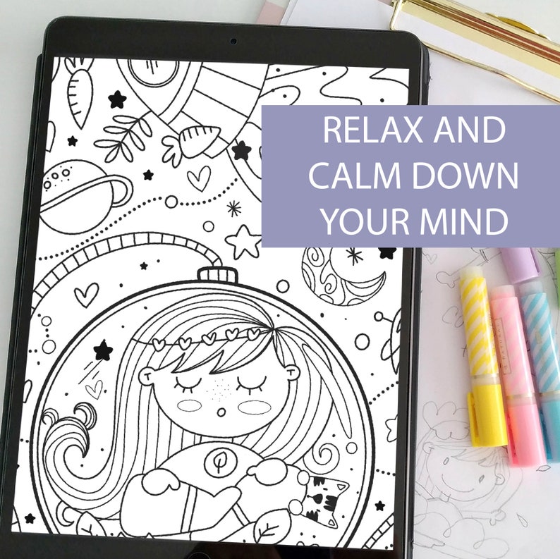 CHIBI Procreate Coloring Book, SPACE Girl Digital Relaxing Coloring Pages Adult and Teen iPad Digital Coloring Book, Anxiety Relief M004-1 image 3