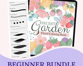 Anxiety Procreate Coloring Book Beginner Bundle "GARDEN" Digital Coloring Book + 30 Procreate Brush Set Bundle M063
