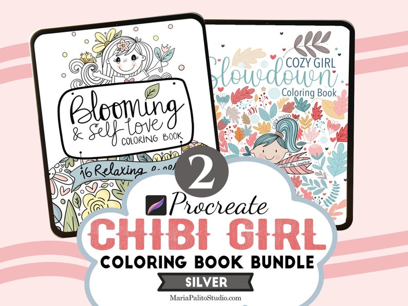 Op de afbeelding: Een digitale illustratibundel met twee kleurboeken voor Procreate met schattige chibi-meisjes. Het eerste boek heet "Blooming & Self Love Coloring Book" en het tweede "Cozy Girl Slowdown Coloring Book".